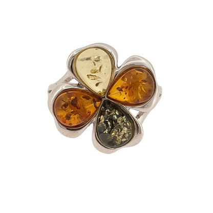 925 Silver & Amber Four Leaf Clover Ring