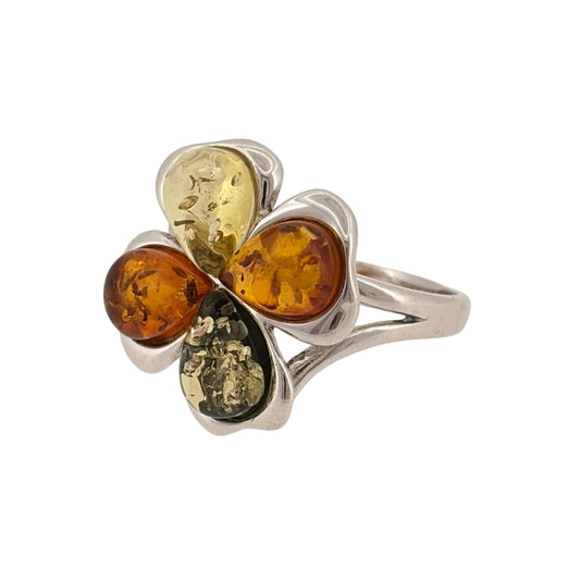 925 Silver & Amber Four Leaf Clover Ring