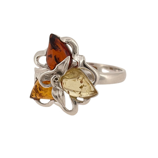 925 Silver & Amber Flower Ring