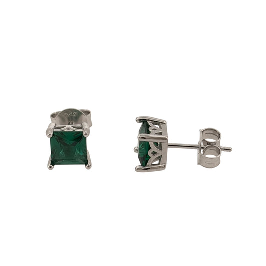 New 925 Silver &amp; Green emerald coloured Stone Square Stud Earrings with the weight 2 grams and the stones are 6mm by 6mm
