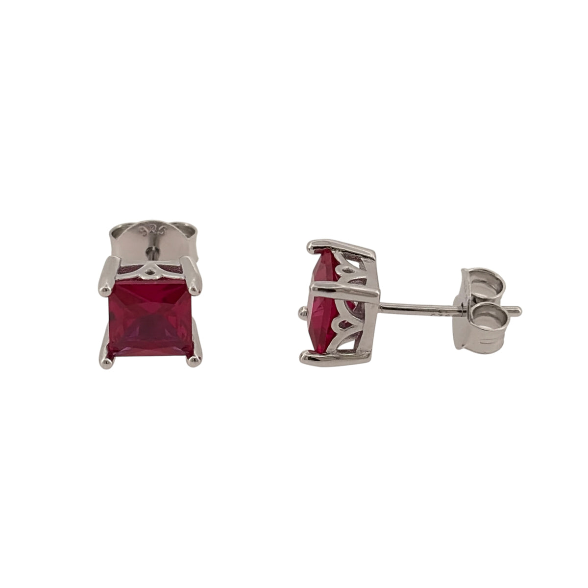 New 925 Silver &amp; Pink/Red ruby coloured Stone Square Stud Earrings with the weight 2.20 grams and the stones are 6mm by 6mm