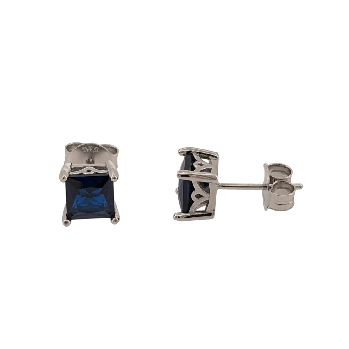 New 925 Silver &amp; Blue sapphire coloured Stone Square Stud Earrings with the weight 2.10 grams and the stones are 6mm by 6mm
