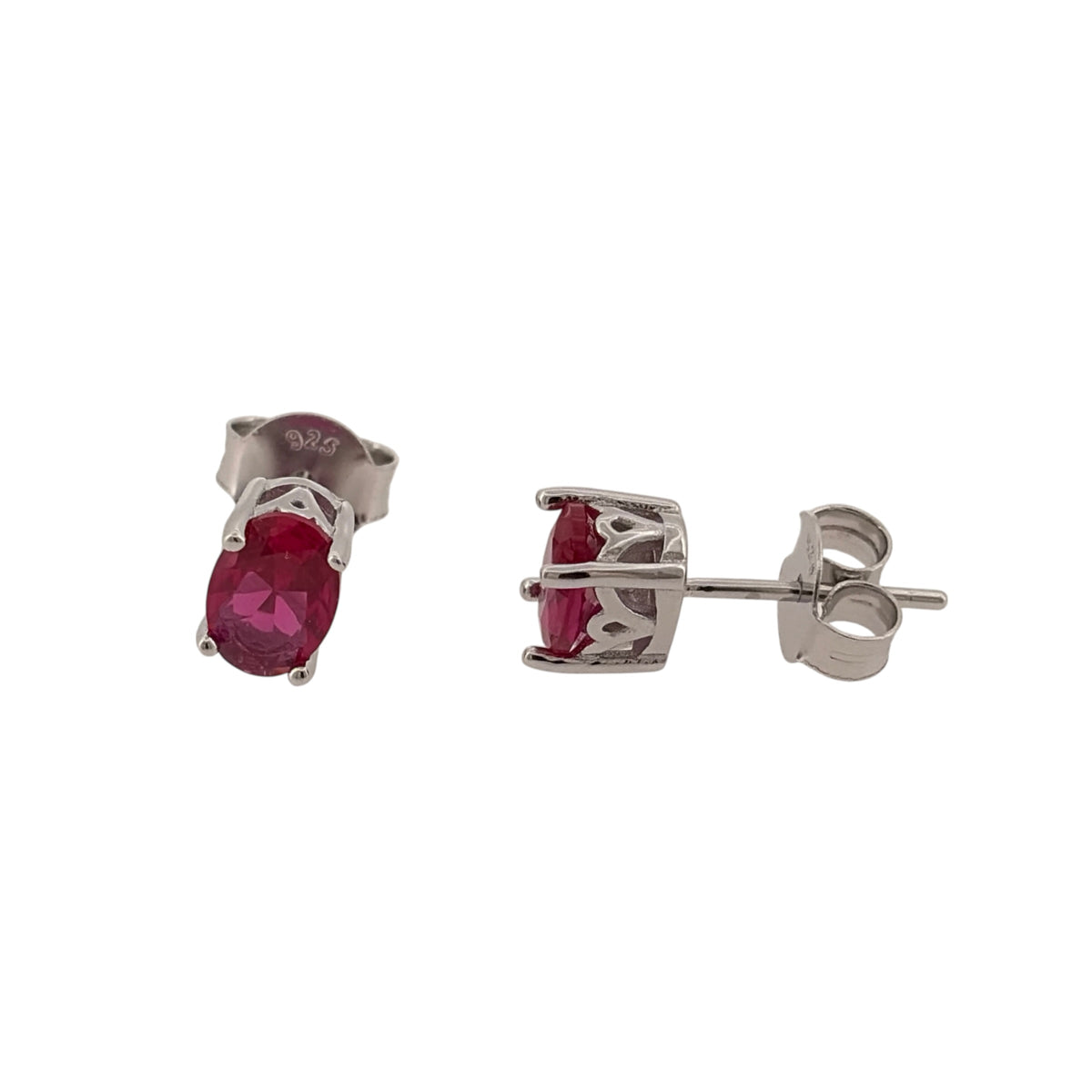 New 925 Silver &amp; Pink/Red Stone Oval Stud Earrings with the weight 1.80 grams and the stones are 7mm by 5mm