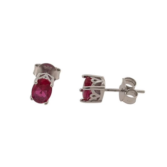New 925 Silver &amp; Pink/Red Stone Oval Stud Earrings with the weight 1.80 grams and the stones are 7mm by 5mm