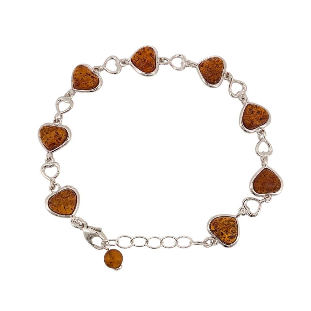 New 925 Silver &amp; Amber Heart 7"-9" Bracelet with the weight 9.20 grams and the amber heart stones are each 9mm by 8mm