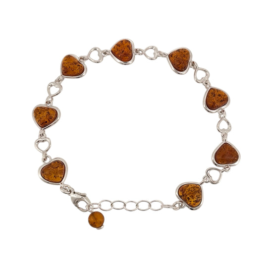 New 925 Silver &amp; Amber Heart 7"-9" Bracelet with the weight 9.20 grams and the amber heart stones are each 9mm by 8mm