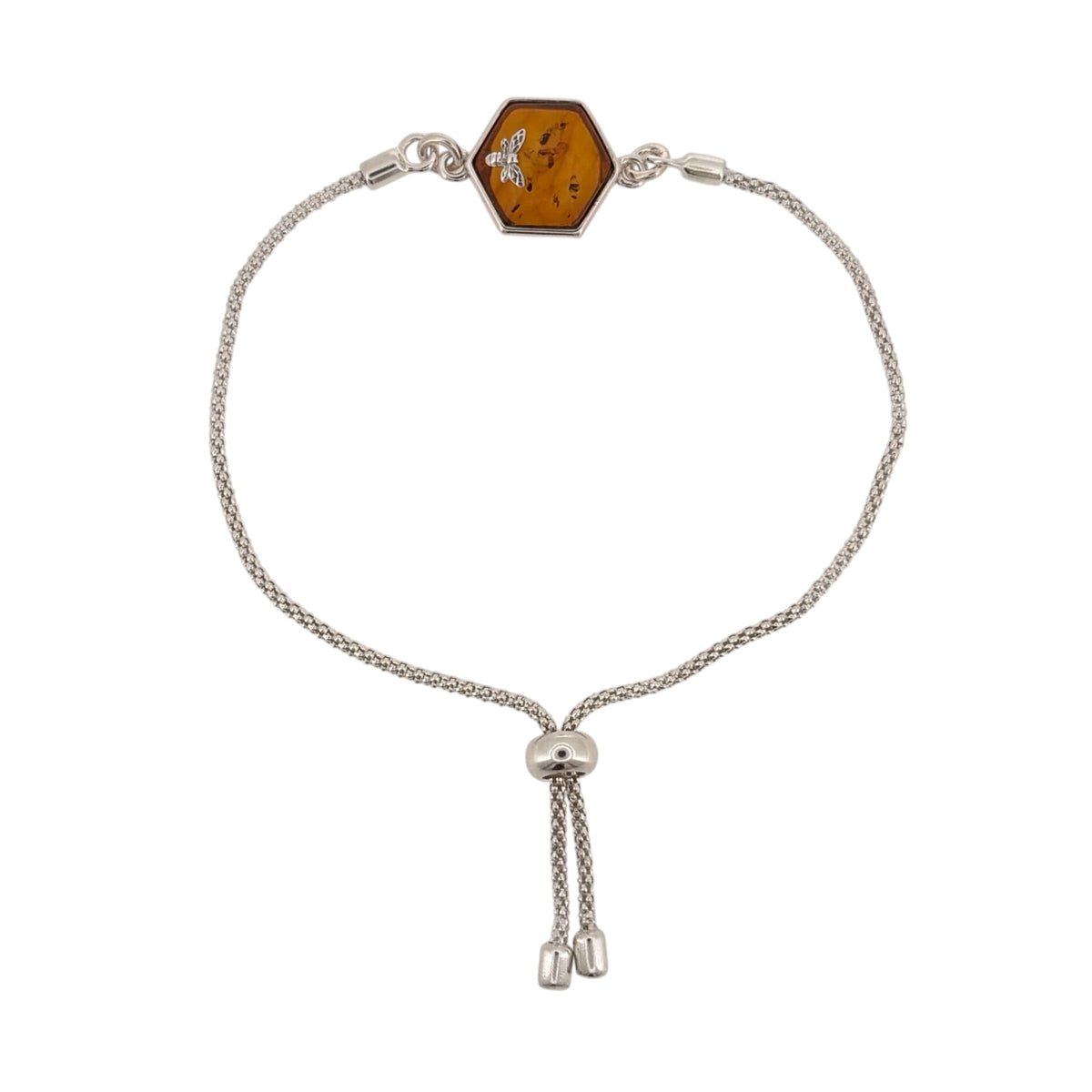 New 925 Silver &amp; Amber Honeycomb Bee Adjustable Bracelet with the weight 3.60 grams and the amber stone is approx 12mm