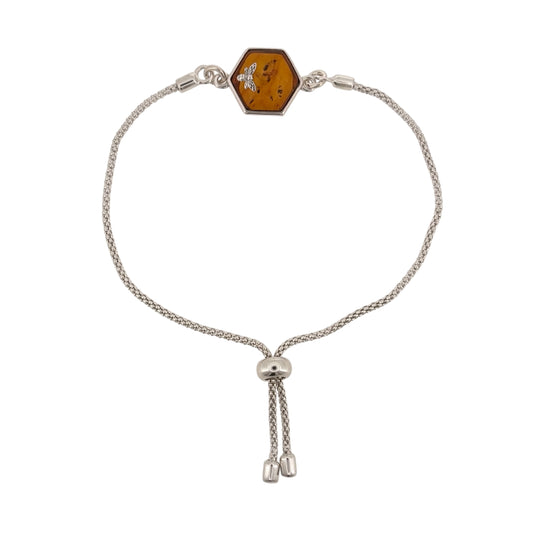 New 925 Silver &amp; Amber Honeycomb Bee Adjustable Bracelet with the weight 3.60 grams and the amber stone is approx 12mm