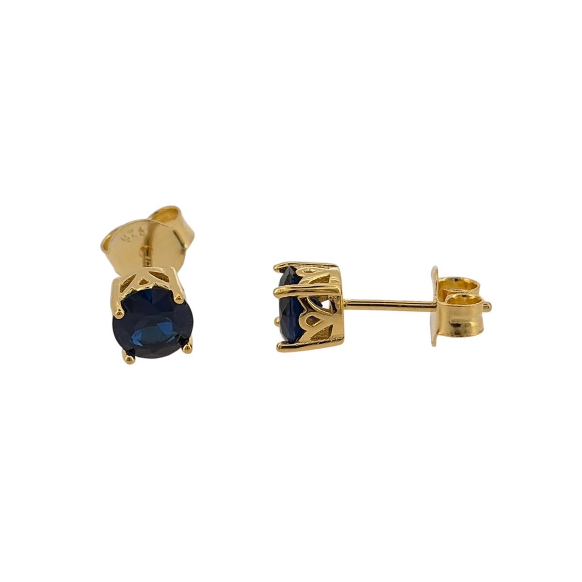 New 925 Silver Gold Plated &amp; Blue sapphire coloured Stone Round Stud Earrings and the stones are each 6mm diameter
