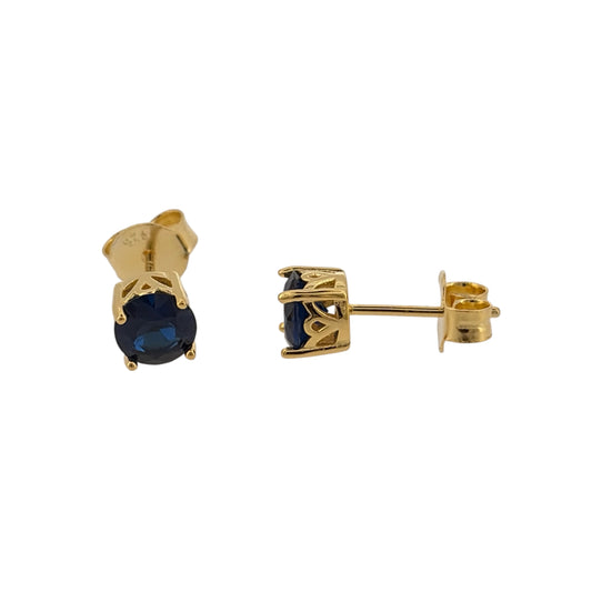 New 925 Silver Gold Plated &amp; Blue sapphire coloured Stone Round Stud Earrings and the stones are each 6mm diameter