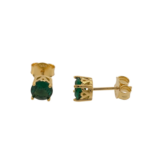 New 925 Silver Gold Plated &amp; Green emerald coloured Stone Round Stud Earrings and the stones are each 6mm diameter