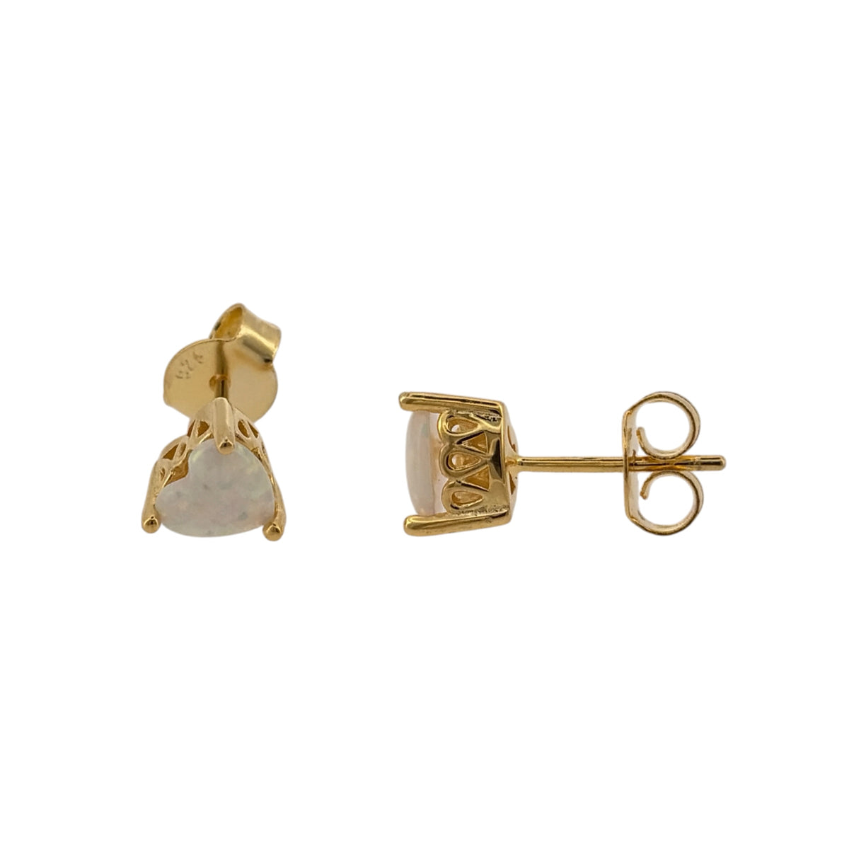 New 925 Silver Gold Plated &amp; Opalique Heart Stud Earrings and the stones are each 6mm by 7mm