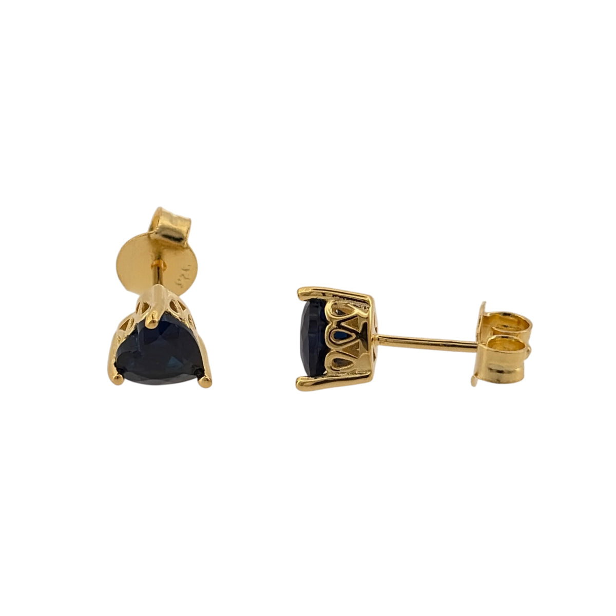 New 925 Silver Gold Plated &amp; Blue sapphire coloured Stone Heart Stud Earrings and the stones are each 6mm by 7mm