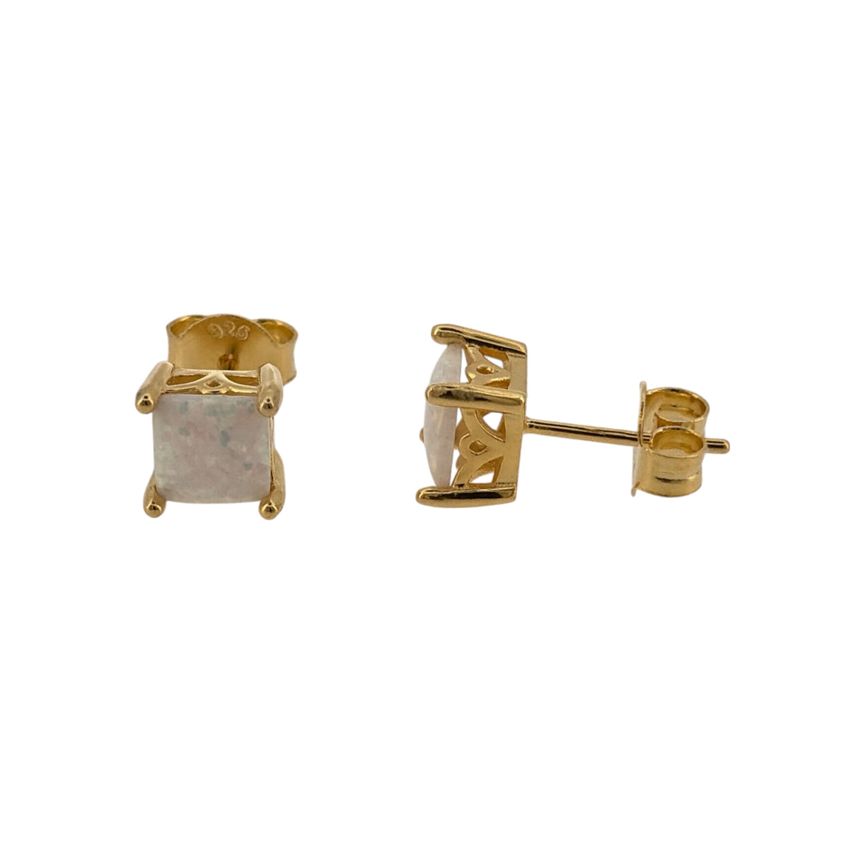New 925 Silver Gold Plated &amp; Opalique Square Stud Earrings and the stones are each 6mm by 6mm