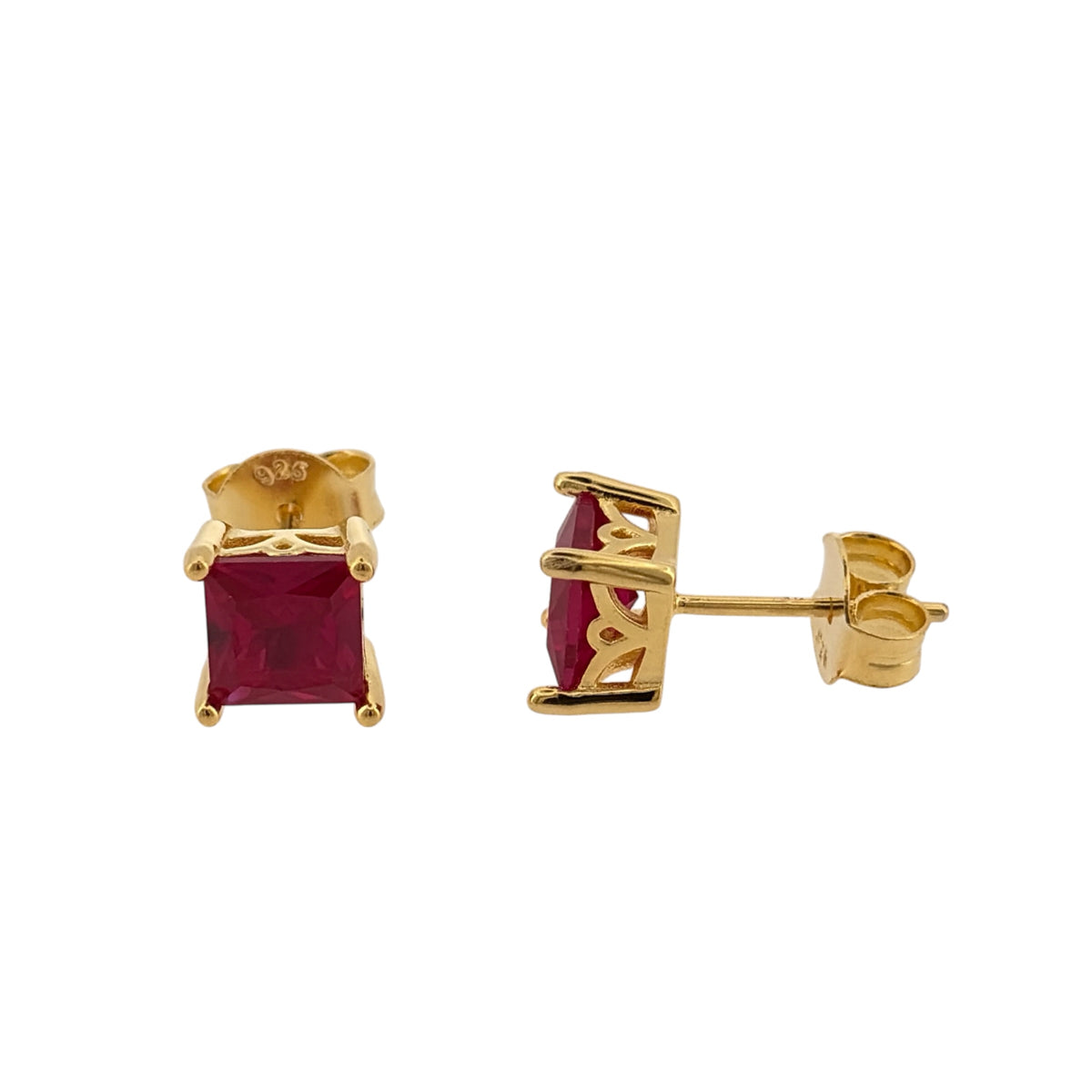 New 925 Silver Gold Plated &amp; Pink/Red ruby coloured Stone Square Stud Earrings and the stones are each 6mm by 6mm