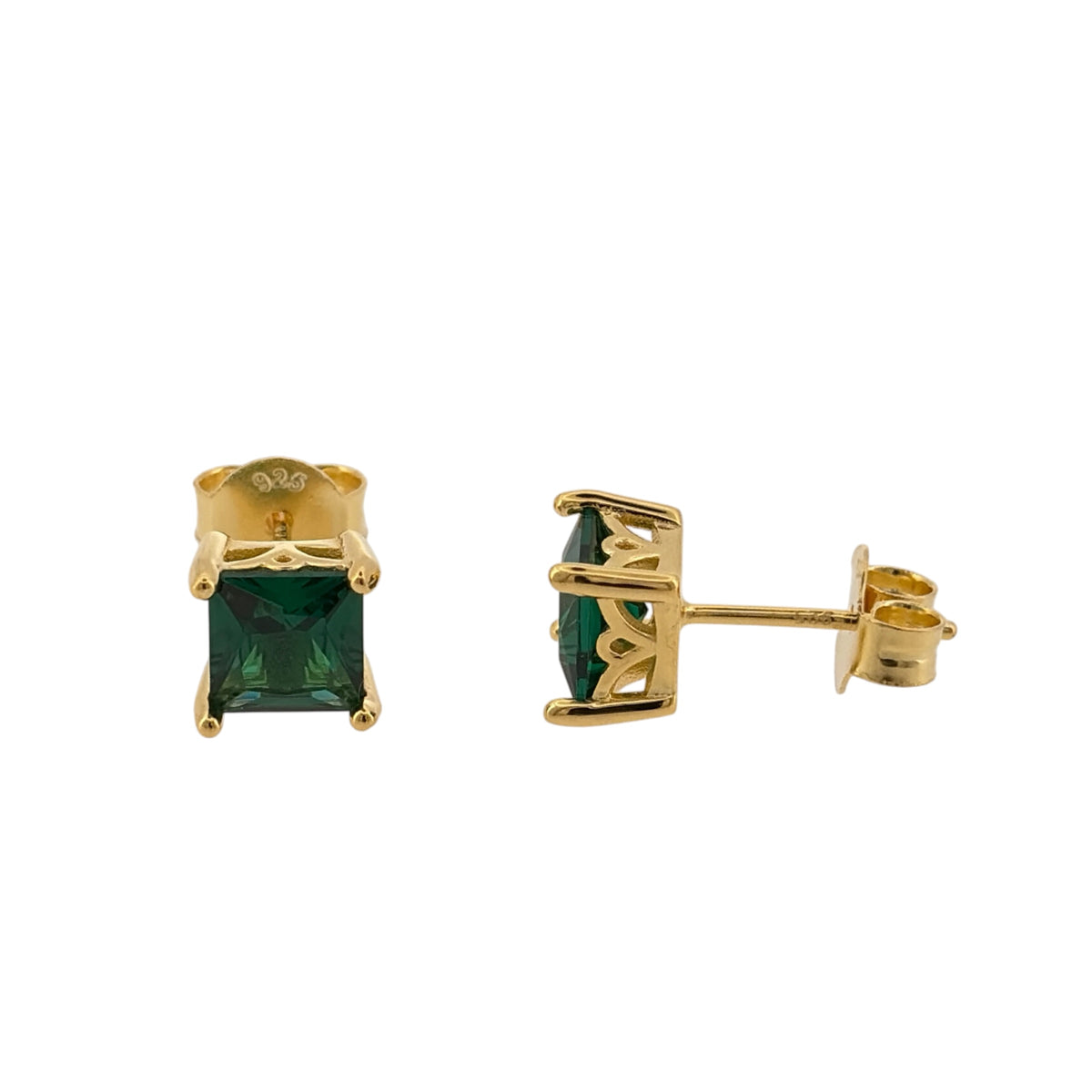 New 925 Silver Gold Plated &amp; Green Emerald coloured Stone Square Stud Earrings and the stones are each 6mm by 6mm