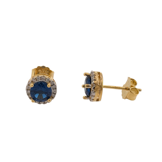 New 925 Silver Gold Plated Blue sapphire coloured Stone &amp; Cubic Zirconia round Halo Stud Earrings and the center stones are each 6mm diameter