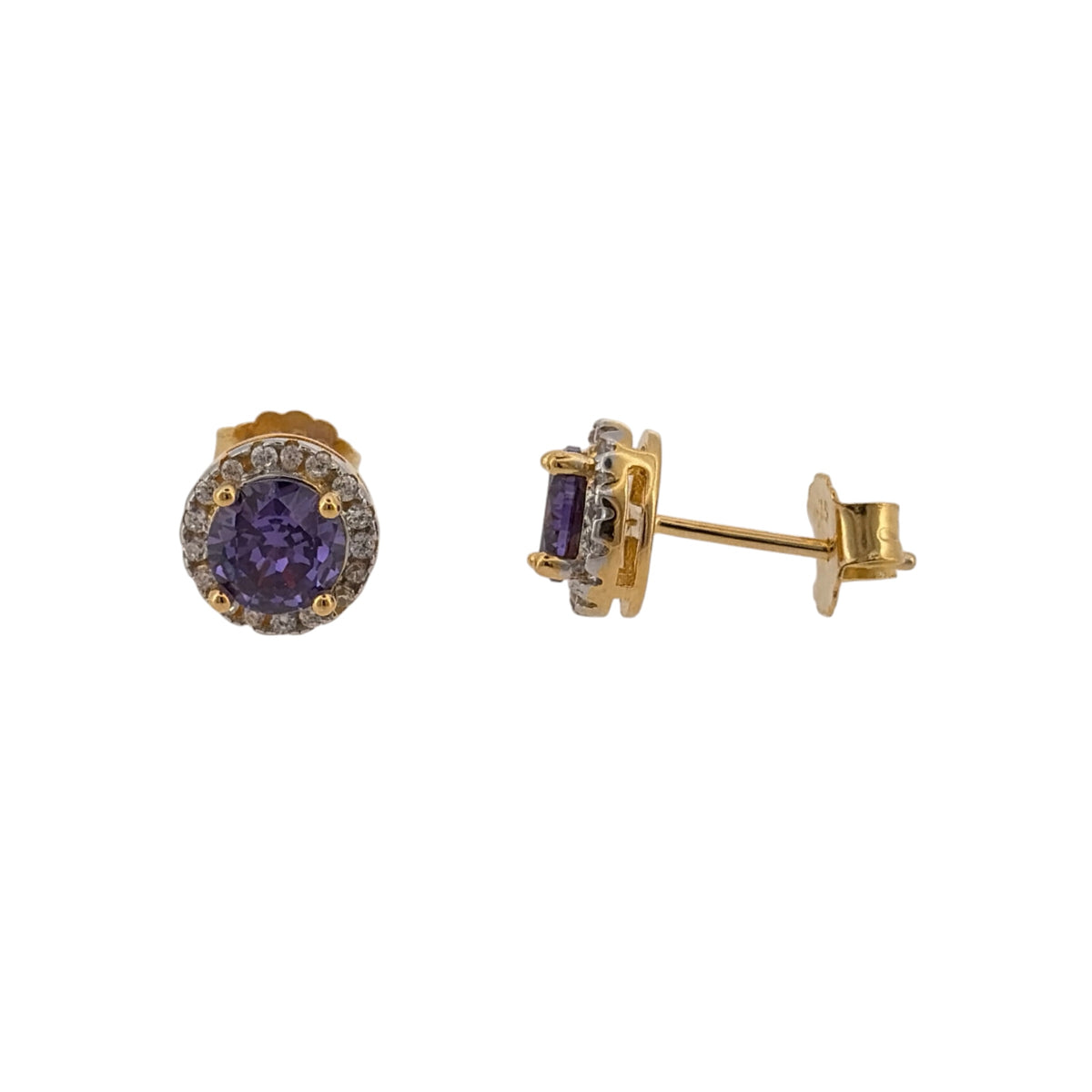 New 925 Silver Gold Plated Purple amethyst coloured Stone &amp; Cubic Zirconia round Halo Stud Earrings and the center stones are each 6mm diameter