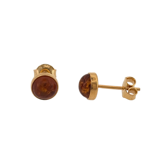 New 925 Silver Gold Plated &amp; Amber Round Stud Earrings and the stones are each 6mm diameter