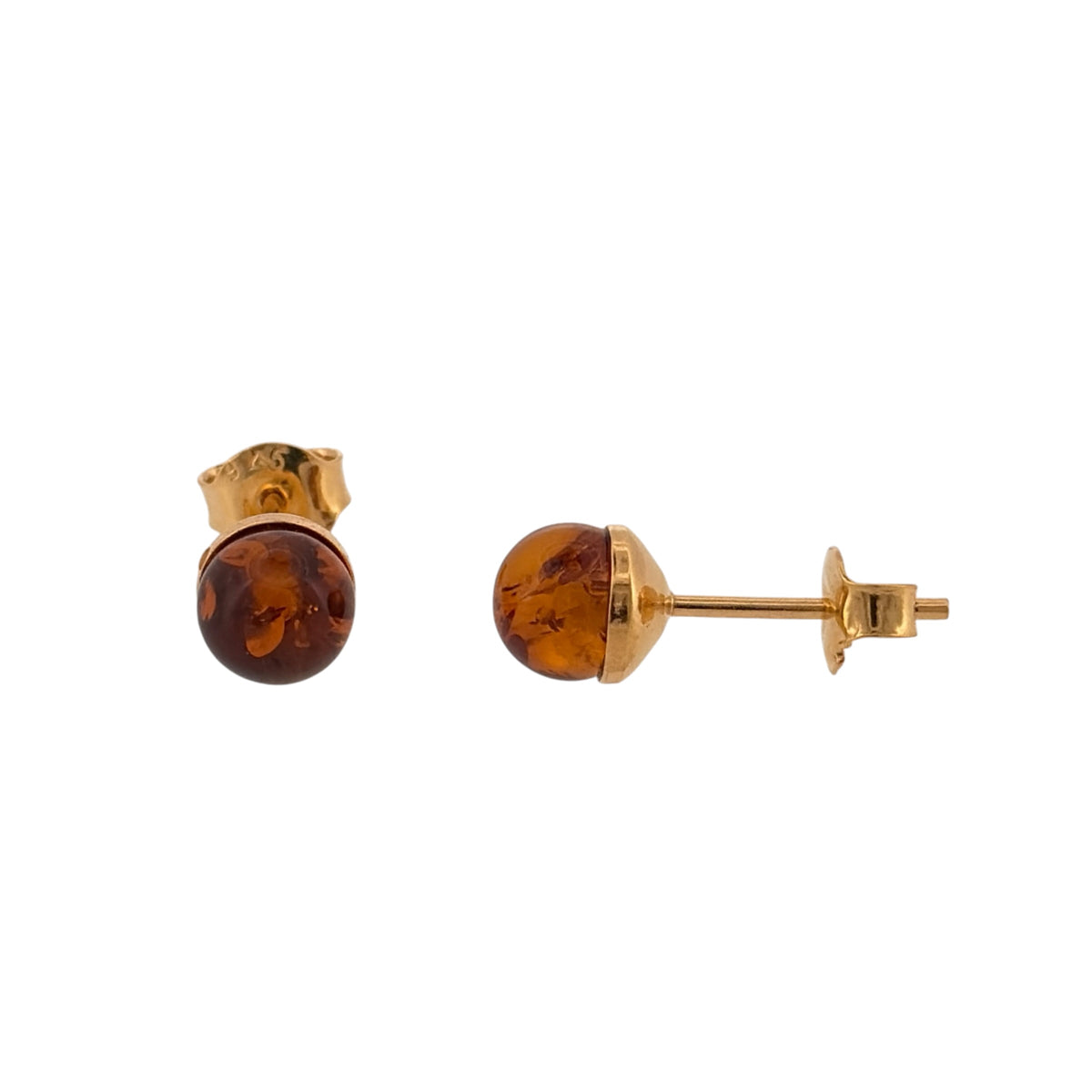 New 925 Silver Gold Plated &amp; Amber Round Ball Stud Earrings and the stones are each 6mm diameter