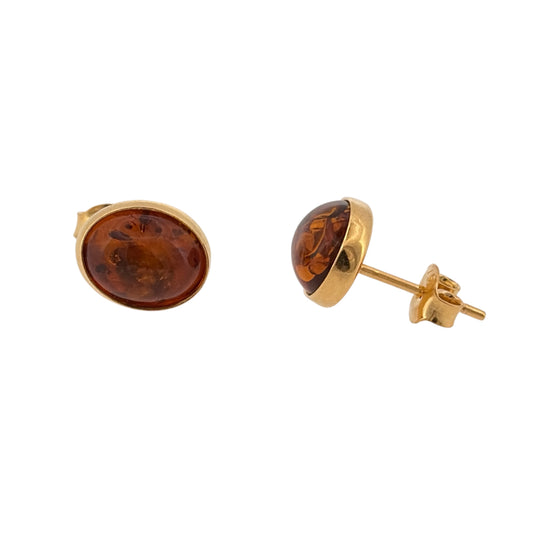 New 925 Silver Gold Plated &amp; Amber Oval Stud Earrings and the stones are each 10mm by 8mm