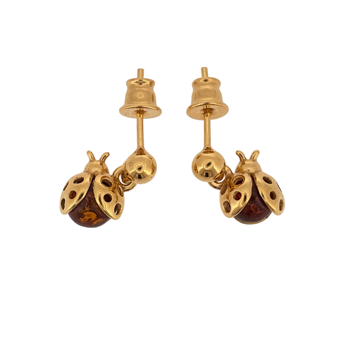 New 925 Silver Gold Plated &amp; Amber Ladybird Drop Earrings and the earrings are each 15mm long