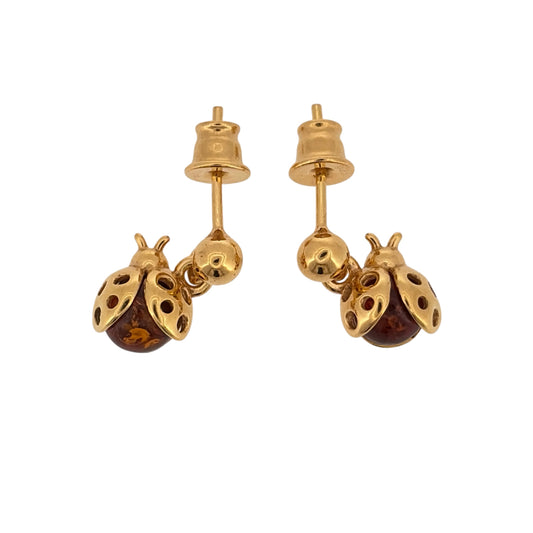 New 925 Silver Gold Plated &amp; Amber Ladybird Drop Earrings and the earrings are each 15mm long