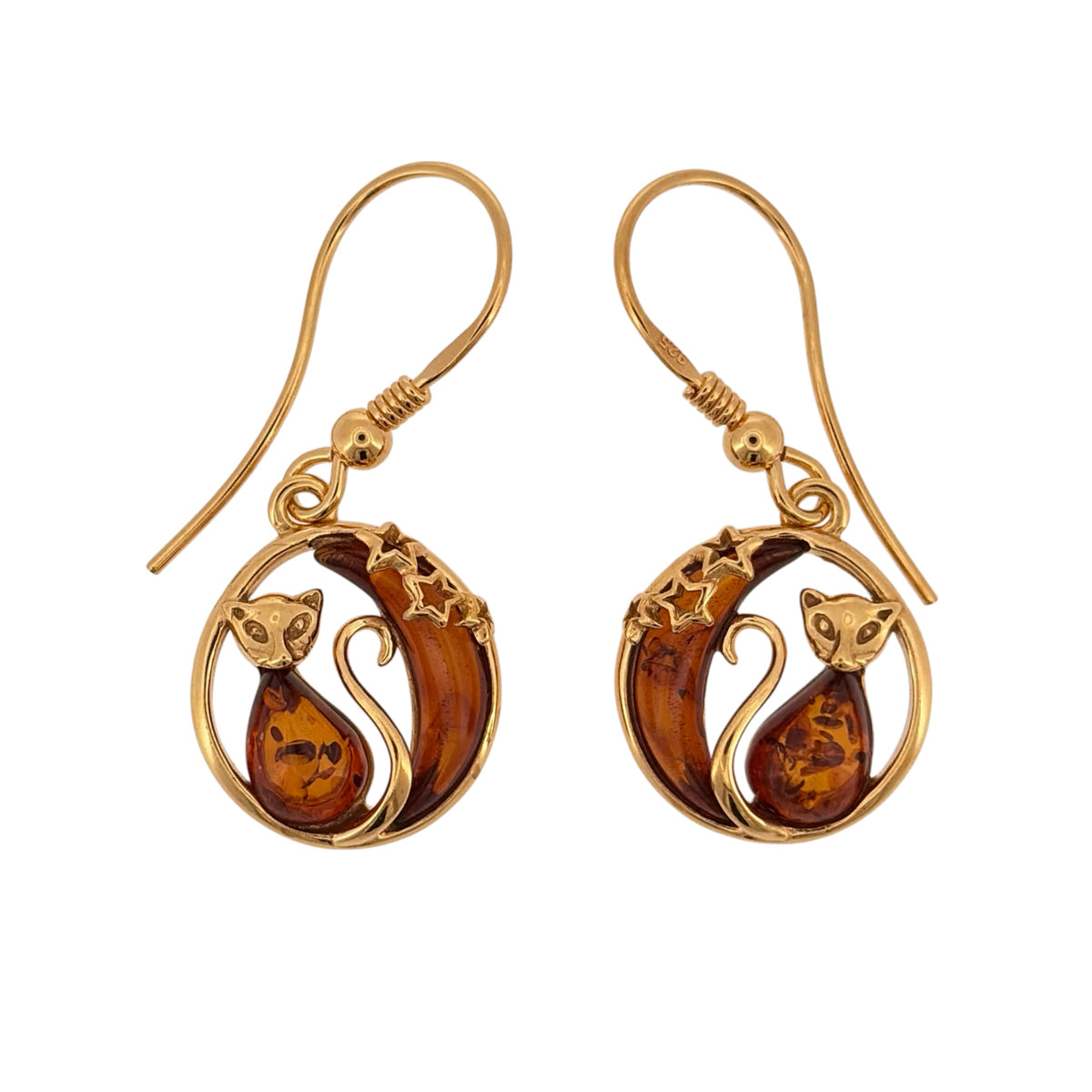 New 925 Silver Gold Plated &amp; Amber Cat Moon Drop Earrings and the earrings are each 3.7cm long