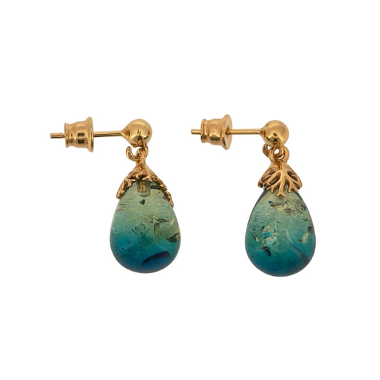 New 925 Silver Gold Plated &amp; Blue Amber Teardrop Drop Earrings and the earrings are each 2.4cm long