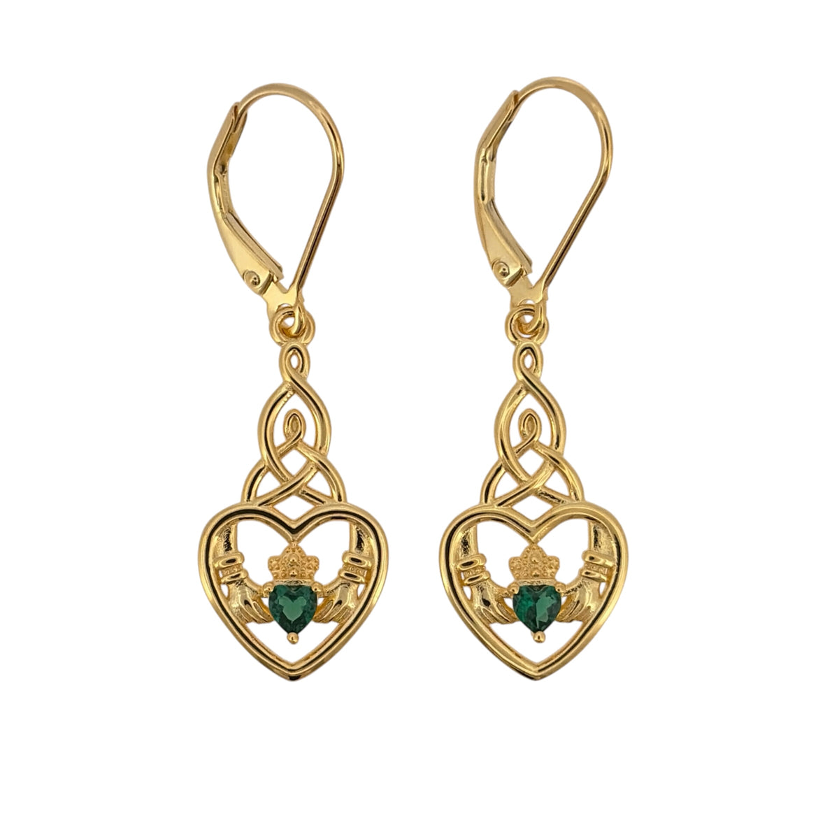 New 925 Silver Gold Plated &amp; Green Stone Claddagh Celtic Drop Earrings and the earrings are each 3.9cm long