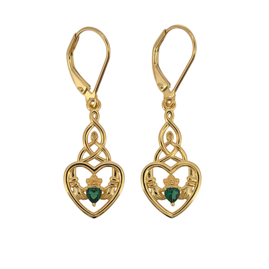 New 925 Silver Gold Plated &amp; Green Stone Claddagh Celtic Drop Earrings and the earrings are each 3.9cm long