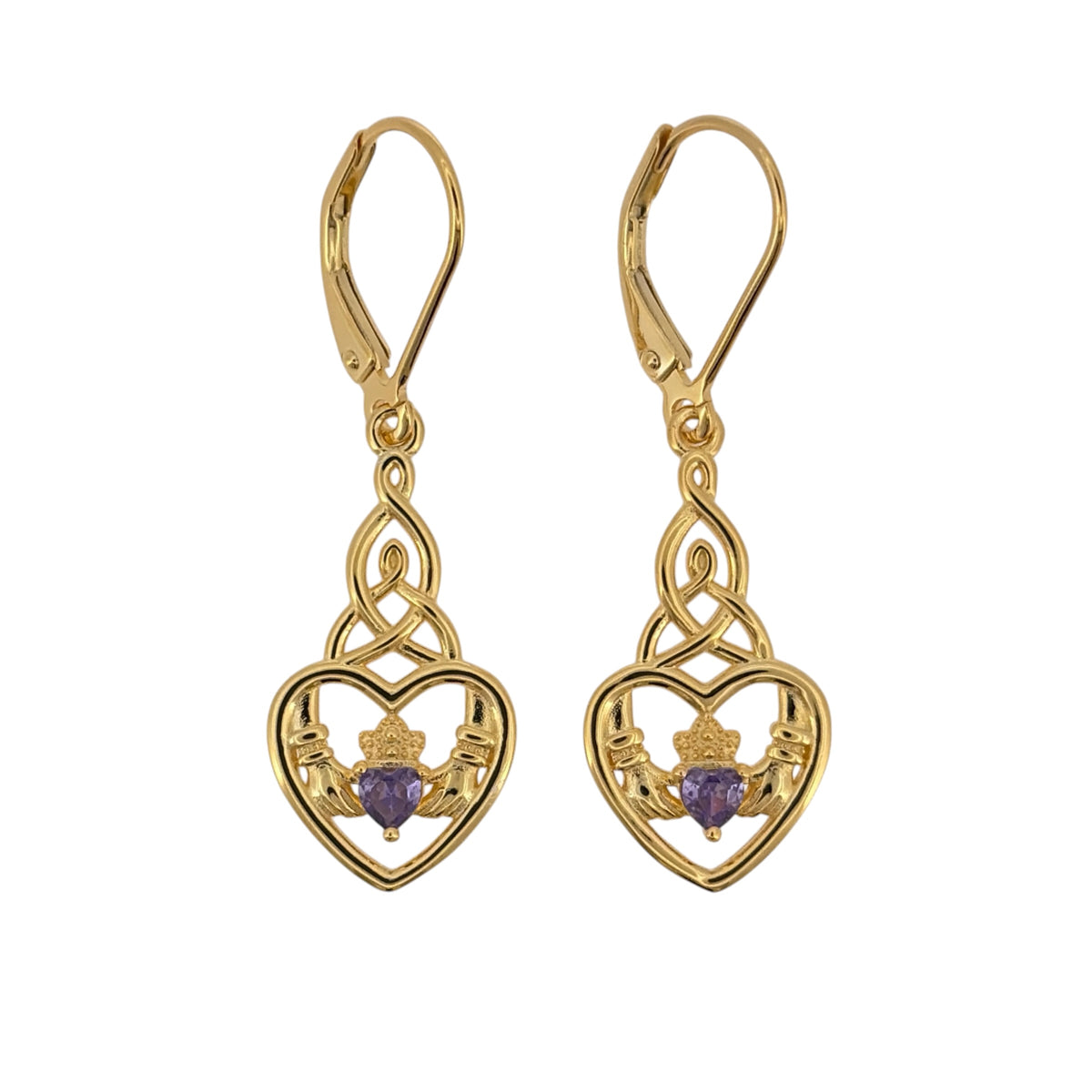 New 925 Silver Gold Plated &amp; Purple Stone Claddagh Celtic Drop Earrings and the earrings are each 3.9cm long