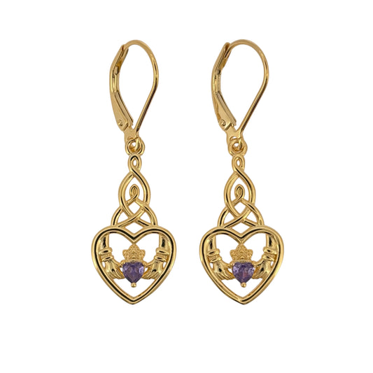 New 925 Silver Gold Plated &amp; Purple Stone Claddagh Celtic Drop Earrings and the earrings are each 3.9cm long