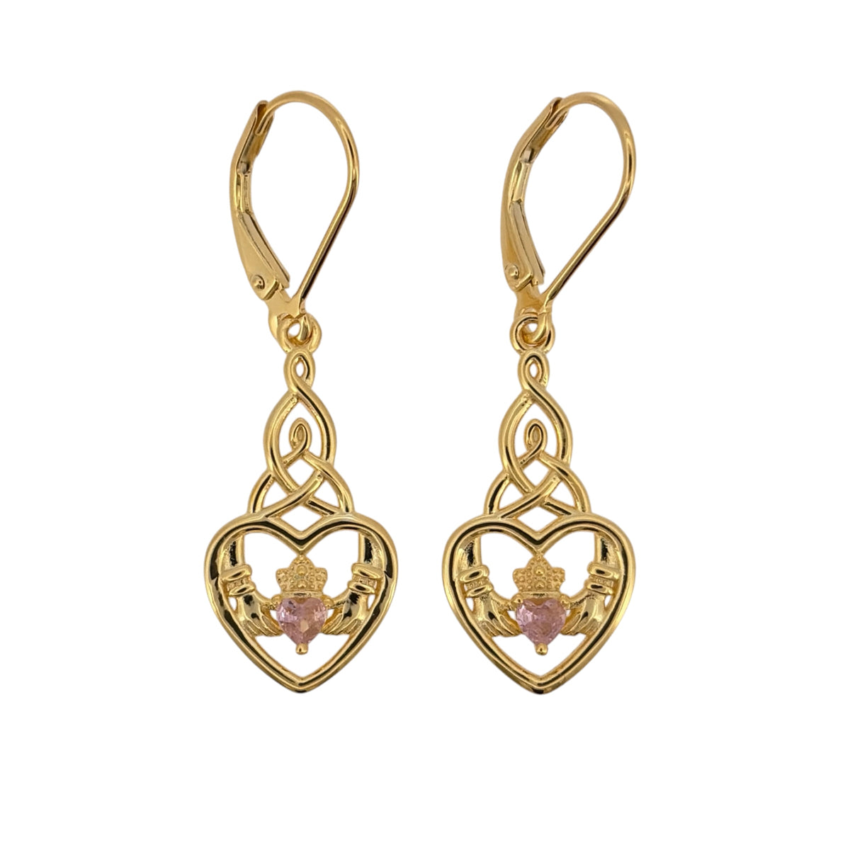 New 925 Silver Gold Plated &amp; Pink Stone Claddagh Celtic Drop Earrings and the earrings are each 3.9cm long
