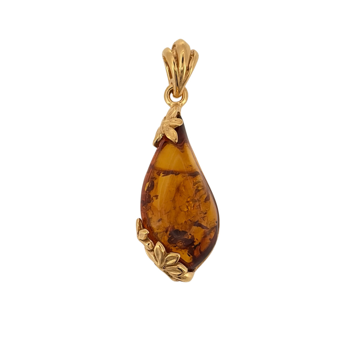New 925 Silver Gold Plated &amp; Amber Teardrop Flower Pendant and the pendant is 3.6cm long including the bail