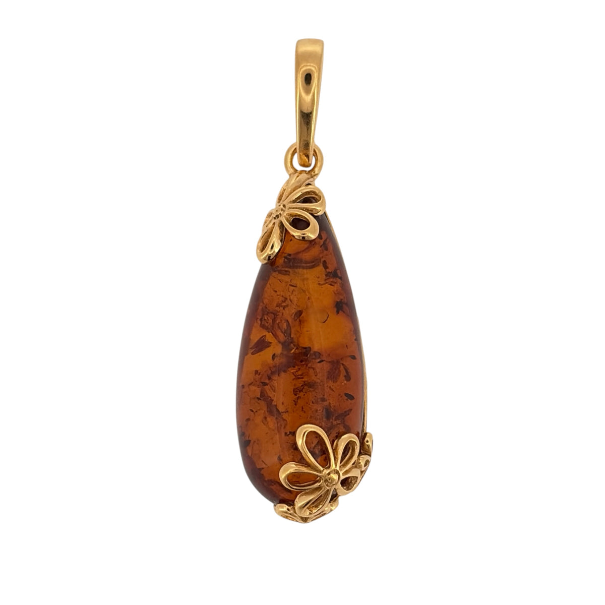 New 925 Silver Gold Plated &amp; Amber Teardrop Flower Pendant and the pendant is 4.1cm long including the bail