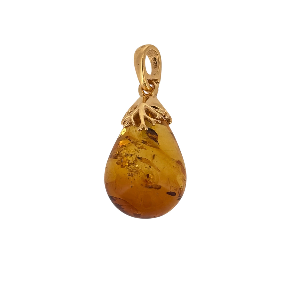 New 925 Silver Gold Plated &amp; Amber Teardrop Pendant and the pendant is 3.1cm long including the bail