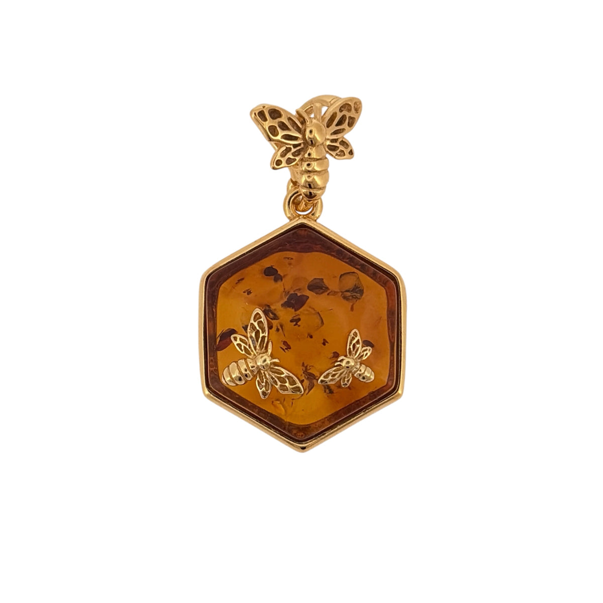 New 925 Silver Gold Plated &amp; Amber Honeycomb Bee Pendant and the pendant is 3cm long including the bail