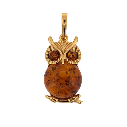 New 925 Silver Gold Plated &amp; Amber Owl Pendant and the pendant is 3.6cm long including the bail