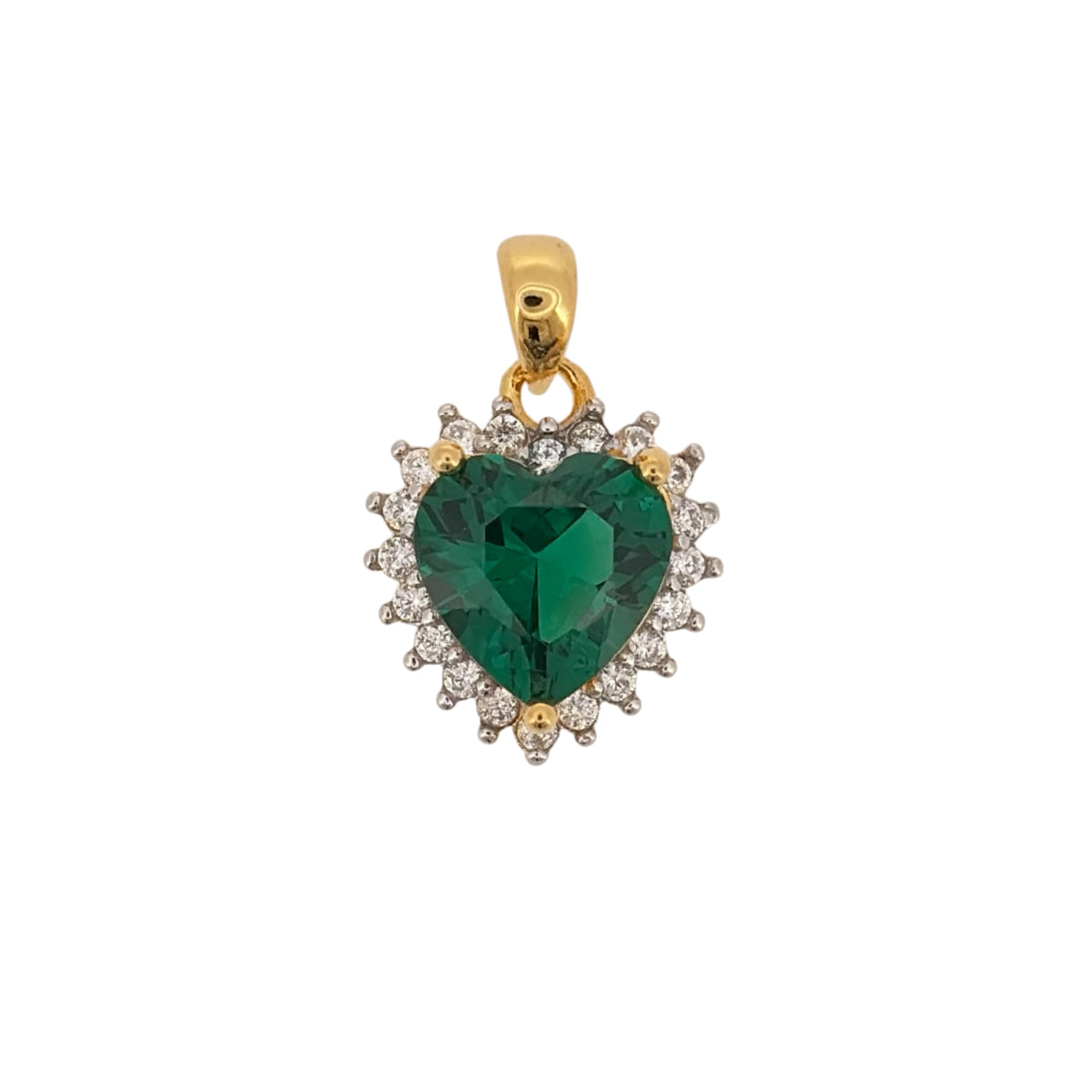 New 925 Silver Gold Plated Green emerald coloured Stone &amp; Cubic Zirconia Heart Pendant and the pendant is 2cm long including the bail