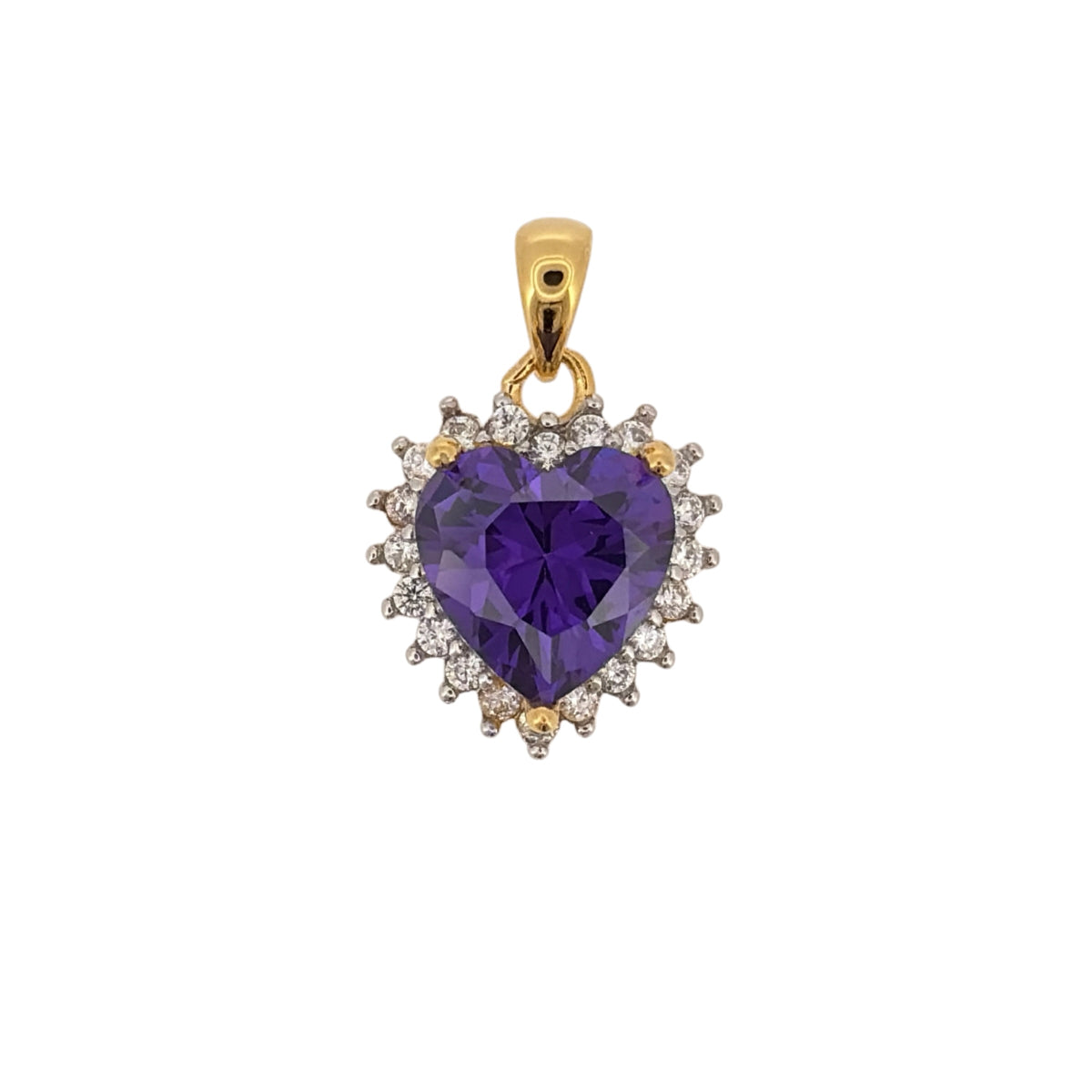 New 925 Silver Gold Plated Purple amethyst coloured Stone &amp; Cubic Zirconia Heart Pendant and the pendant is 2cm long including the bail