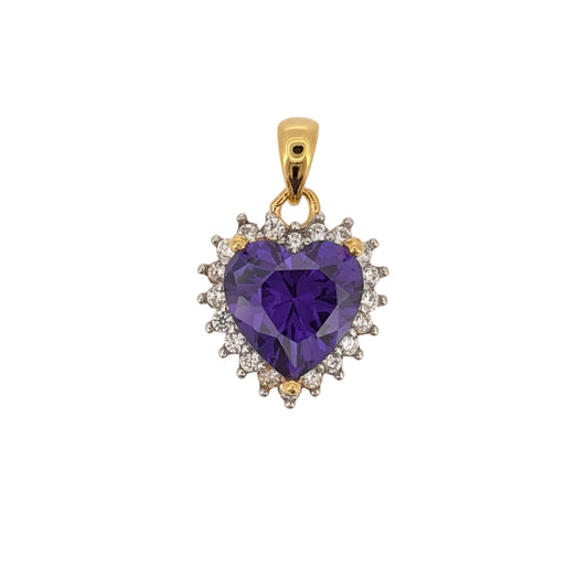 New 925 Silver Gold Plated Purple amethyst coloured Stone &amp; Cubic Zirconia Heart Pendant and the pendant is 2cm long including the bail