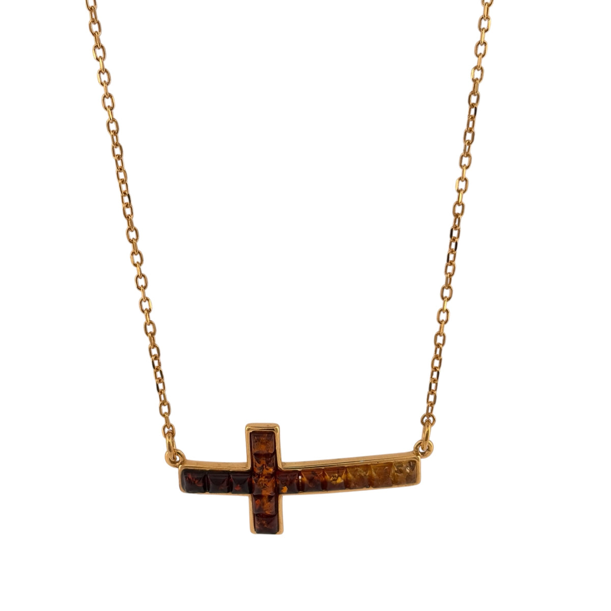 925 Silver Gold Plated & Amber Cross 18" - 20" Necklace