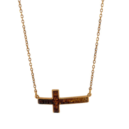 925 Silver Gold Plated & Amber Cross 18" - 20" Necklace