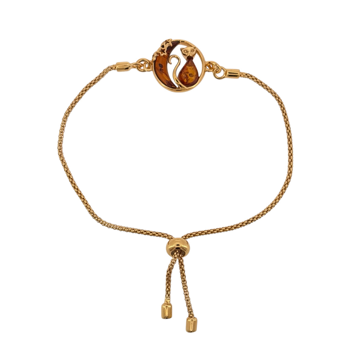 New 925 Silver Gold Plated &amp; Amber Cat Moon Adjustable Bracelet and the cat emblem is 16mm diameter