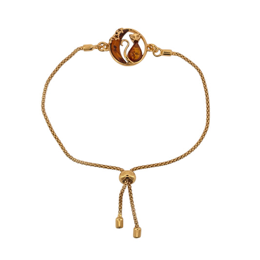 New 925 Silver Gold Plated &amp; Amber Cat Moon Adjustable Bracelet and the cat emblem is 16mm diameter