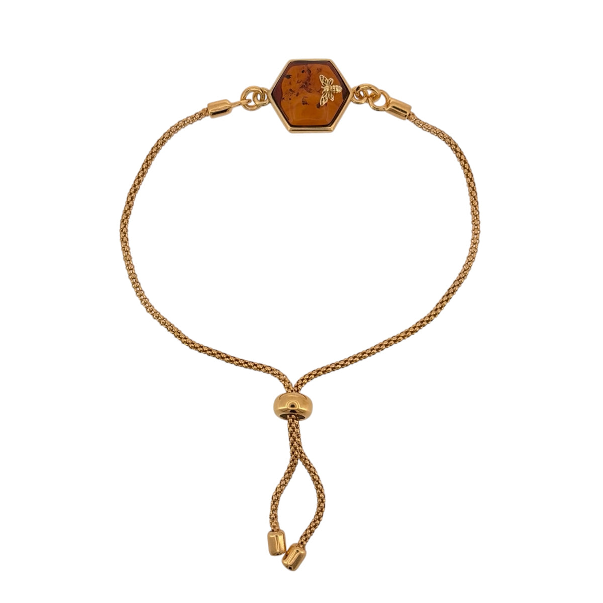 New 925 Silver Gold Plated &amp; Amber Honeycomb Bee Adjustable Bracelet and the honeycomb emblem is 13mm by 13mm