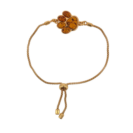 New 925 Silver Gold Plated &amp; Amber Paw Print Bracelet and the paw print emblem is 18mm by 18mm