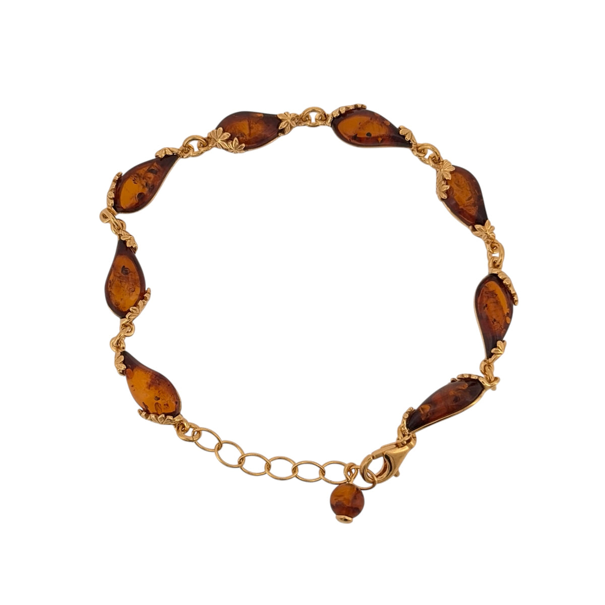 New 925 Silver Gold Plated &amp; Amber Teardrop Flower 7.5" - 9" Adjustable Bracelet and the stones are each 15mm by 8mm