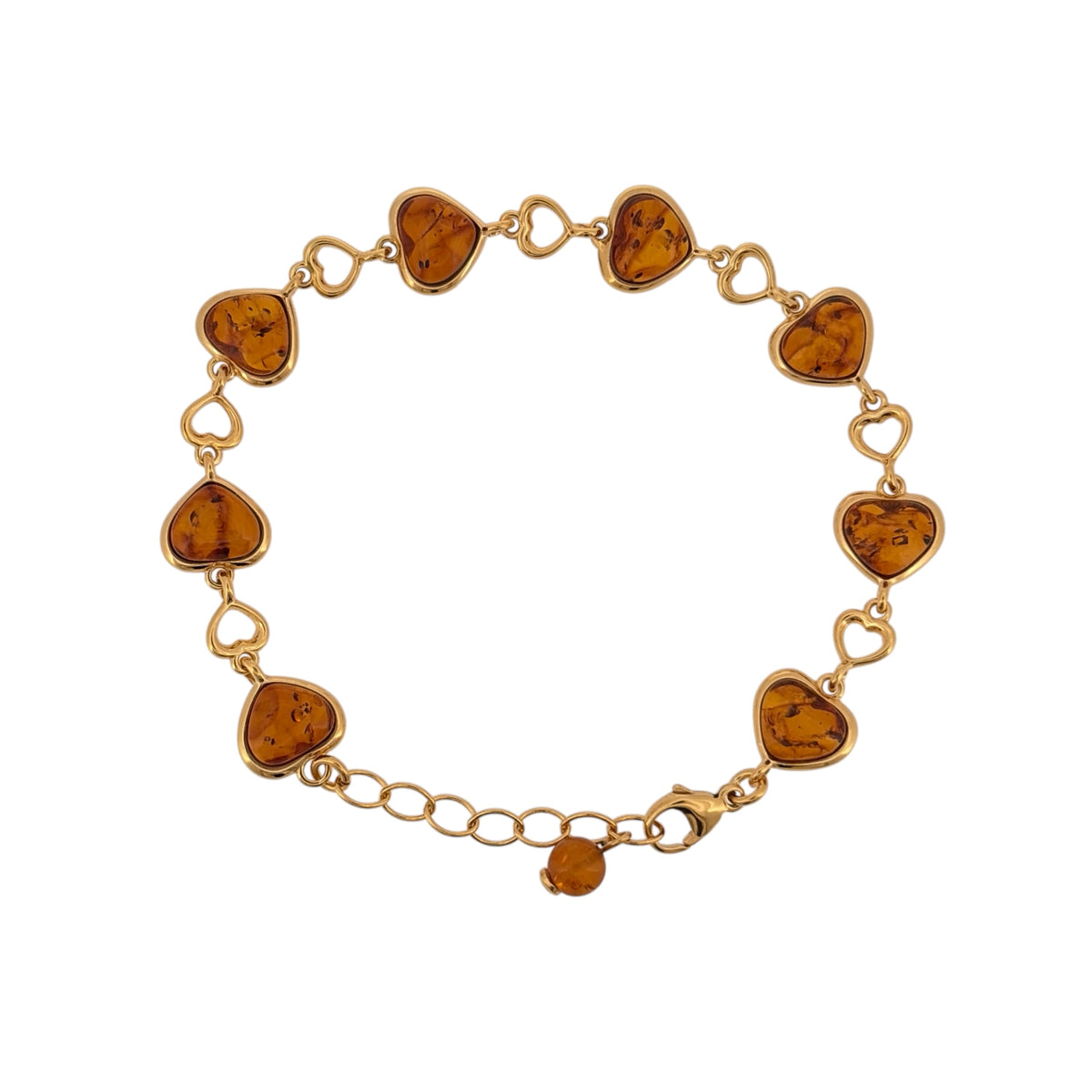 New 925 Silver Gold Plated &amp; Amber Heart 7.5" - 9" Adjustable Bracelet and the stones are each 10mm by 8mm